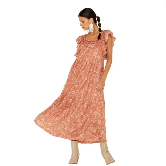 Free People Bonita Printed Midi Dress Orange Size Large - Picture 1 of 10